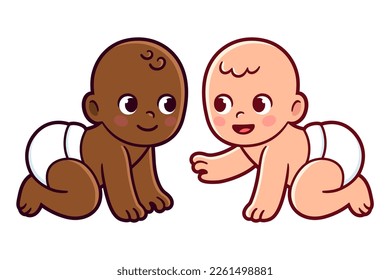 Two cute little babies, Black and Caucasian. Little friends of different skin color. Vector clip art illustration.