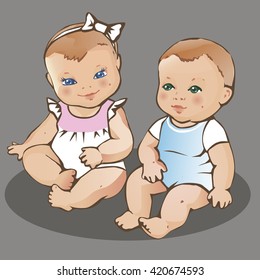Two cute little babies. European dressed boy and girl. Colorful vector illustration on gray background.