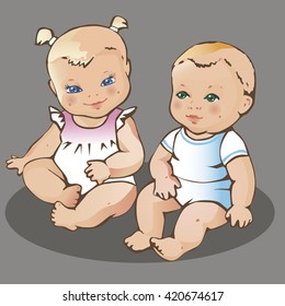Two cute little babies. European dressed boy and girl. Colorful vector illustration on gray background.