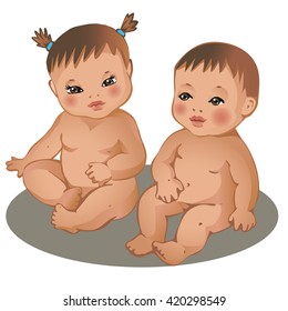 Two cute little babies. Hispanic boy and girl. Colorful vector illustration on white background.