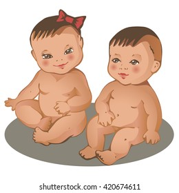 Two cute little babies. Hispanic  boy and girl. Colorful vector illustration on white background.