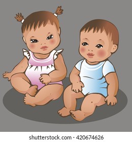 Two cute little babies. Hispanic dressed boy and girl. Colorful vector illustration on gray background.
