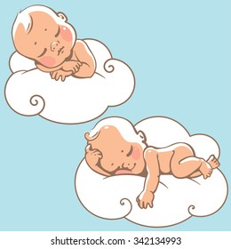 Two cute little babies sleeping on white cloud. Newborn baby icon. Colorful   vector illustration. Smiling cartoon kids lying on cloud as soft pillow . Child resting at night.  Baby shower card