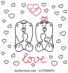 Two cute little bears, hearts, "love" lettering .  One line drawn vector illustration