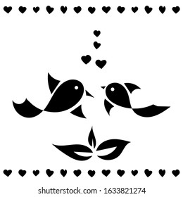 Two cute little birds in love, hearts, drawing with your hands . Graphics, black and white. Vector design for greeting cards, invitations, posters, text space . Suitable for Valentine's Day, birthday
