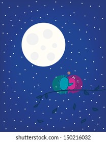 two cute little birds sitting on a branch in an embrace and look at the moon, vector illustration.