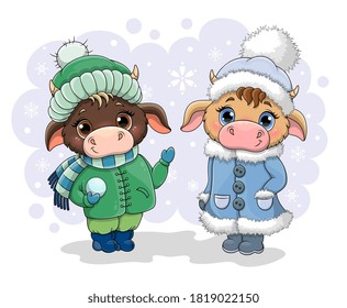 Two cute little cartoon cows in winter clothing standing in the falling snow in warm coats, boots, hats and scarf, colored vector illustration