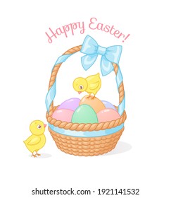 Dos pequeñas y lindas chicas con una canasta llena de huevos de Pascua de colores. Ilustración vectorial de dibujos animados sobre fondo blanco con saludo.