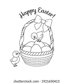 Two cute little chicks with basket full of colored Easter eggs. Cartoon vector black and white illustration with greeting for coloring book page.