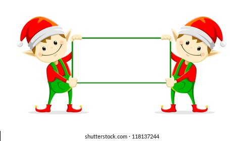 Two cute little Christmas elf holding a blank sign, vector illustration 
