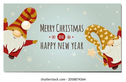 Two cute little Christmas gnomes in hats with a star on a stick. Inscription - Merry Christmas and Happy New Year. For stickers, posters, postcards, design elements.