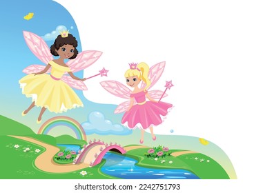 Two cute little fairy on a fairy tale background with a rainbow and a bridge across the river. Fairy princess with a magic wand. Wonderland. Dreamland. Vector illustration.