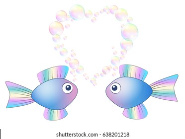 Two cute little fish in love with heart shaped bubbles above them - isolated vector illustration on white background.