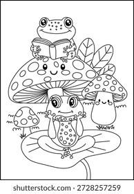 Dos pequeñas ranas lindas leyendo y soñando entre hongos mágicos