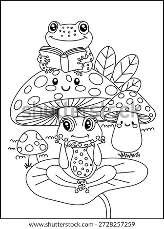 Two Cute Little Frogs Reading and Dreaming Among Magic Mushrooms