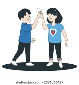 two cute little girl and boy of different Nations giving high five to each other. children friendship cartoon vector illustration. Children high five, boy, girl. Boy  and girl kids high five. 2466