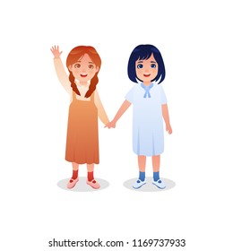 Two Cute Little Girl Holding Hand Illustration Cartoon Vector