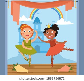 Two cute little girls dancing in a ballet performance on a stage with castle backdrop, flat cartoon colored vector illustration