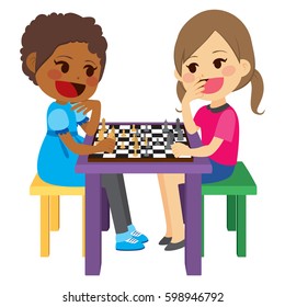 Two Cute Little Girls Playing Chess Having Fun