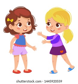 Two cute little girls are standing and talking. Friendship sisters. Vector illustration in cartoon style.