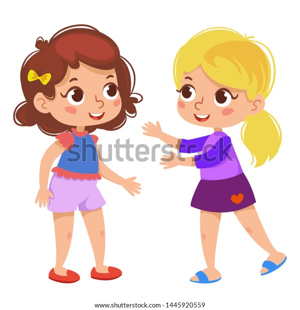 2人の可愛い女の子が立って話している 友好姉妹 カートーンのスタイルのベクターイラスト のベクター画像素材 ロイヤリティフリー