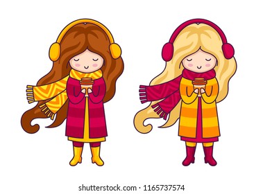 Two cute little girls, wearing coats and big knitted scarves. Autumn fashion. Kawaii cartoon characters for postcard, card, print, poster, invitation.