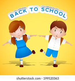 Two cute little kids holding hands on bright yellow background with stylish text Back to School. 