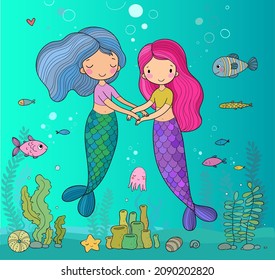 dos pequeñas sirenas lindas nadan bajo el agua. dibujos animados de chicas con colas de peces. Tema marino. ilustración vectorial 