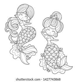 Two Cute Little Mermaids Waving Their Stock Vector (Royalty Free ...