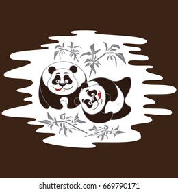 Two cute little pandas on a brown background and bamboo. Vector illustration.