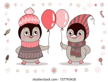 Two cute little penguins in warm clothes with balloon. Illustration on white background with lovely frame made of snowflake. Cartoon design for kid t-shirts or greeting cards.