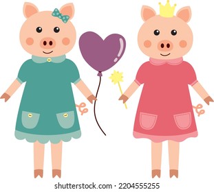 Two cute little piglets characters in a dress. Vector illustration