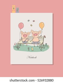 Two cute little pigs sitting on a bench with balloons. Funny vector illustration in cartoon style. Can be used for notebook cover, baby announcement, scrapbook, wrapping paper, textiles.