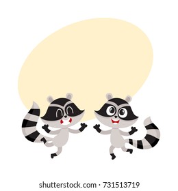 Two cute little raccoon characters jumping from happiness and delight, cartoon vector illustration with space for text. Happy little raccoon friends having fun together