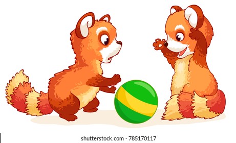 two cute little red Pandas playing with a green ball. Cartoon characters. Vector illustration.