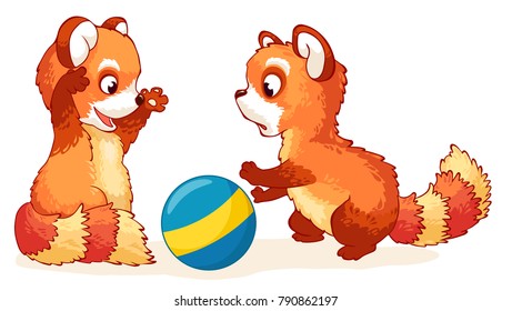 two cute little red Pandas playing with blue ball. Cartoon characters. Vector illustration.