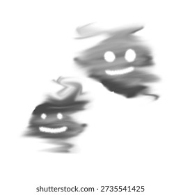 Two cute little smoke ghosts with smiling faces, hand-drawn brush style, isolated on white background.