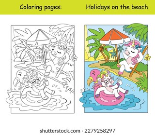 Dos pequeños y bonitos unicornios descansando junto al mar. Ilustración vectorial de dibujos animados. Página del libro de coloreado para niños con plantilla de color. Para coloración, educación, impresión, juego, decoración, rompecabezas, diseño