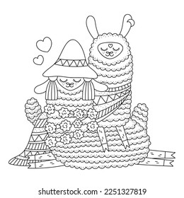 Two cute llamas. Pair of fluffy alpacas. Farm animal friends. Traditional Peru clothes. Funny cartoon vector illustration for kids and adults. Coloring page. Outlined artwork. Black lines. Isolated