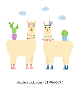 Two cute llamas standing. Cartoon alpacas with cactuses. Template for nursery design, poster, stationery, t shirt print. Isolated vector illustration