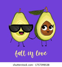 Two cute in love avocado characters holding for hands. Calligraphy text fall in love