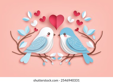  Dos pájaros lindos del arte del papel, uno azul y uno blanco, encaramados en las ramas. Están rodeados de Formas y hojas de corazón rojo y blanco, con un fondo rosa suave romántico. estilo de corte de arte de papel.