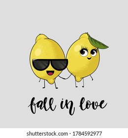 Two cute in love lemons characters holding for hands. Calligraphy text fall in love