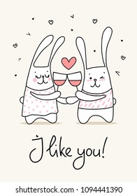 Two cute in loved rabbits with glasses of wine and pink heart. I like you flat vector illustration love card