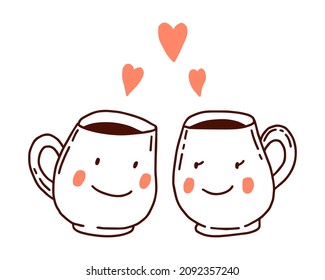 Two cute lovers cups with faces in doodle style isolated on a white background. Valentines day card. 
Mugs with hearts. Vector illustration.