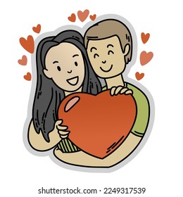 two cute lovers embrace the heart. Doodle draw