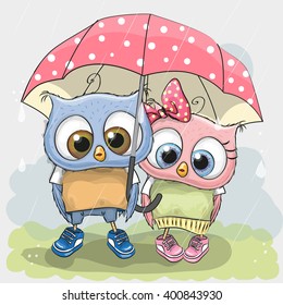 Two cute Lovers owls under pink umbrella