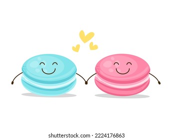 Two Cute Macaron Characters in Love. Hand Drawn Vector Illustration.