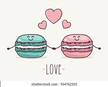 Two Cute Macaron Characters in Love. Hand Drawn Vector Illustration.