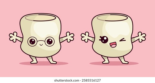 Two cute marshmallows in kawaii style.Food character vector illustration